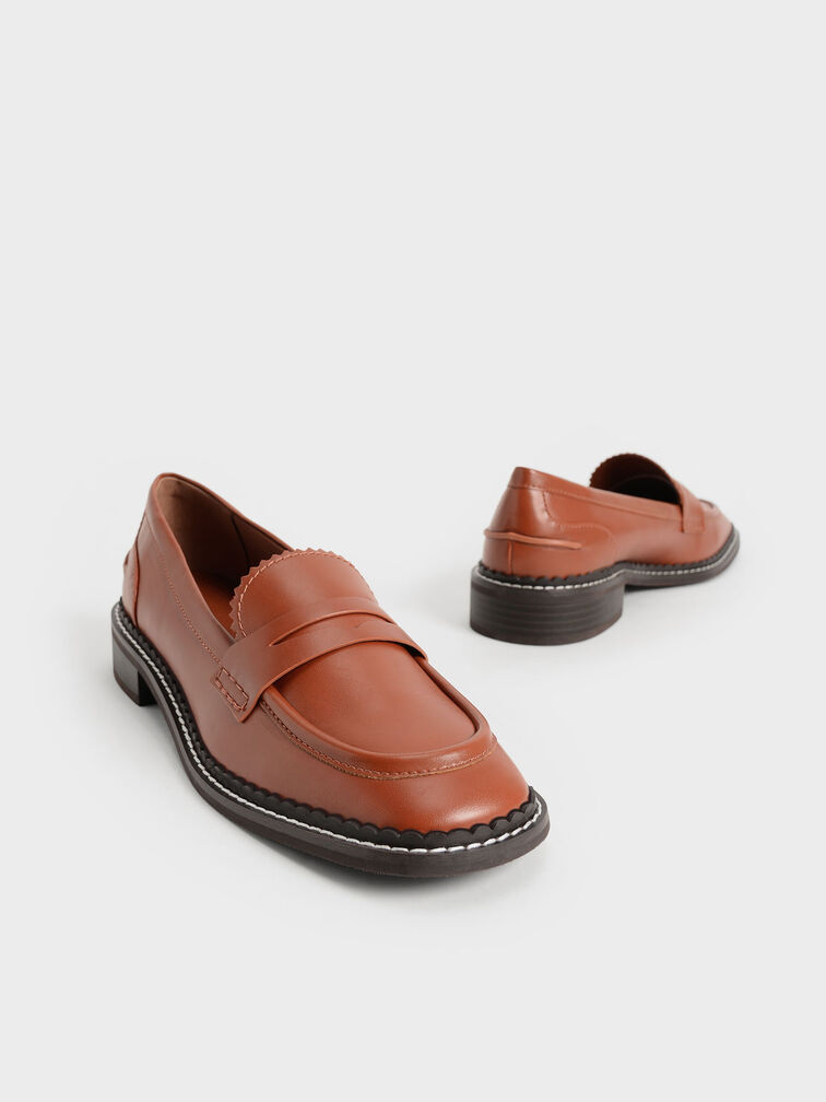 Scallop-Trim Penny Loafers, Cognac, hi-res