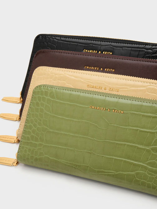 Croc-Embossed Zip-Around Long Wallet, Olive, hi-res