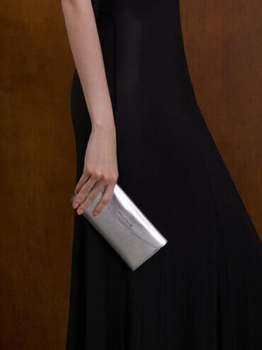 Metallic Envelope Long Wallet, Silver, hi-res