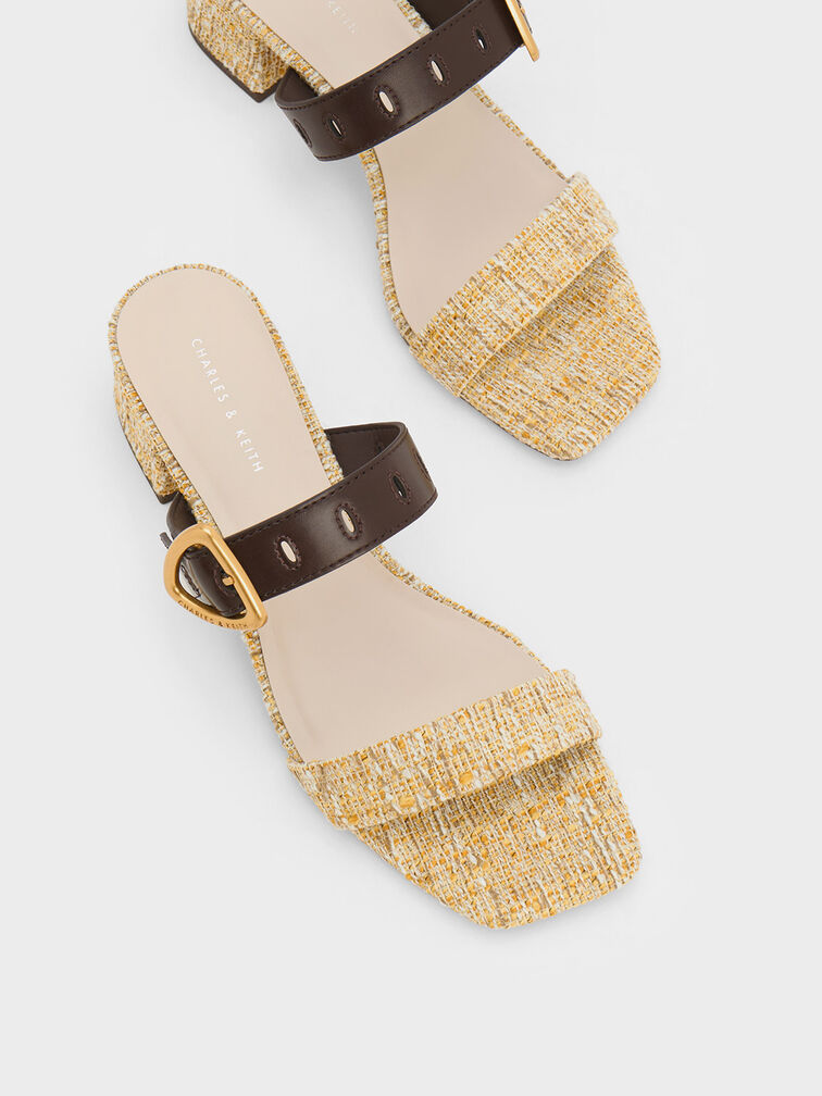 Sepphe Tweed Metallic Buckle Heeled Mules, Yellow, hi-res