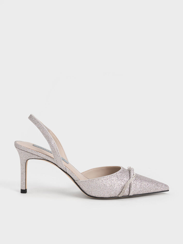 Twist Detail Glittered Slingback Pumps, Silver, hi-res