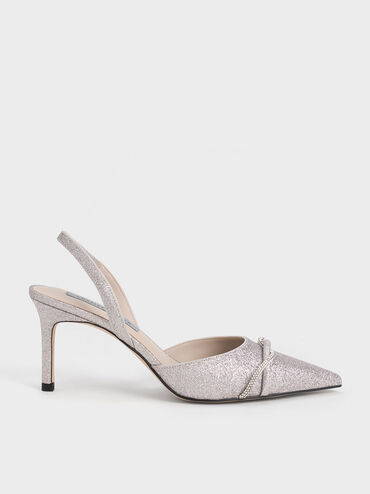Twist Detail Glittered Slingback Pumps, Silver, hi-res