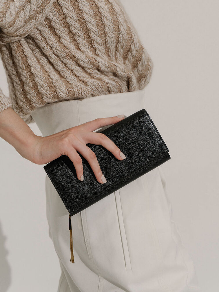 Tassel Detail Long Wallet, Black, hi-res