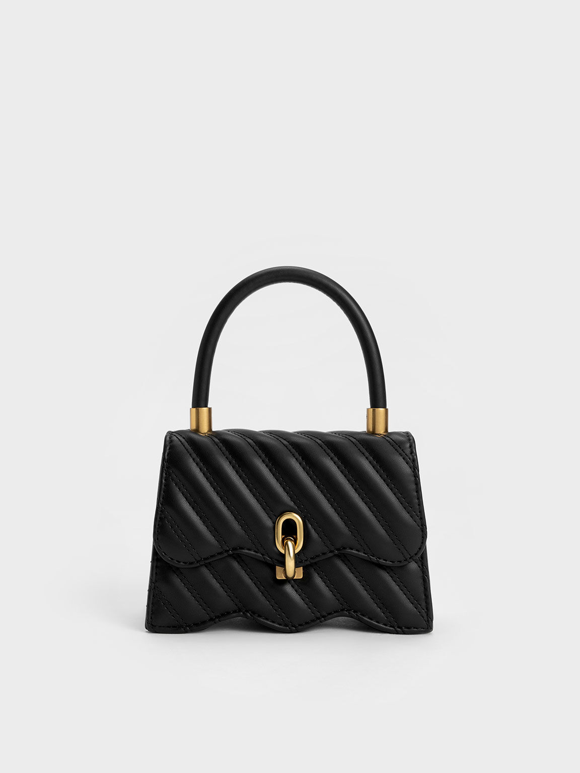 Freja Wavy Quilted Top Handle Bag, Black, hi-res
