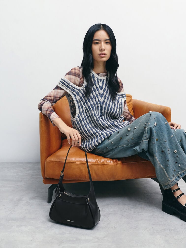 Clarice Pleated Shoulder Bag, Black, hi-res