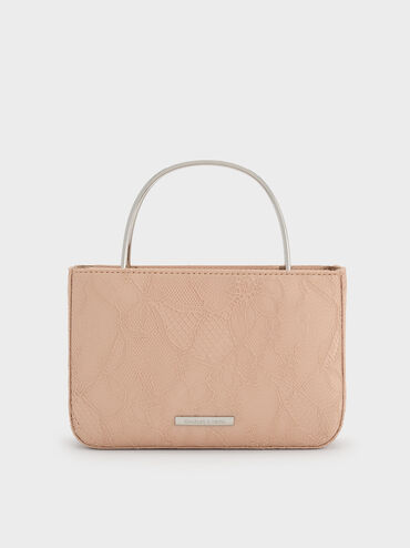 Jennis Lace & Satin Top Handle Bag, Nude Textured, hi-res