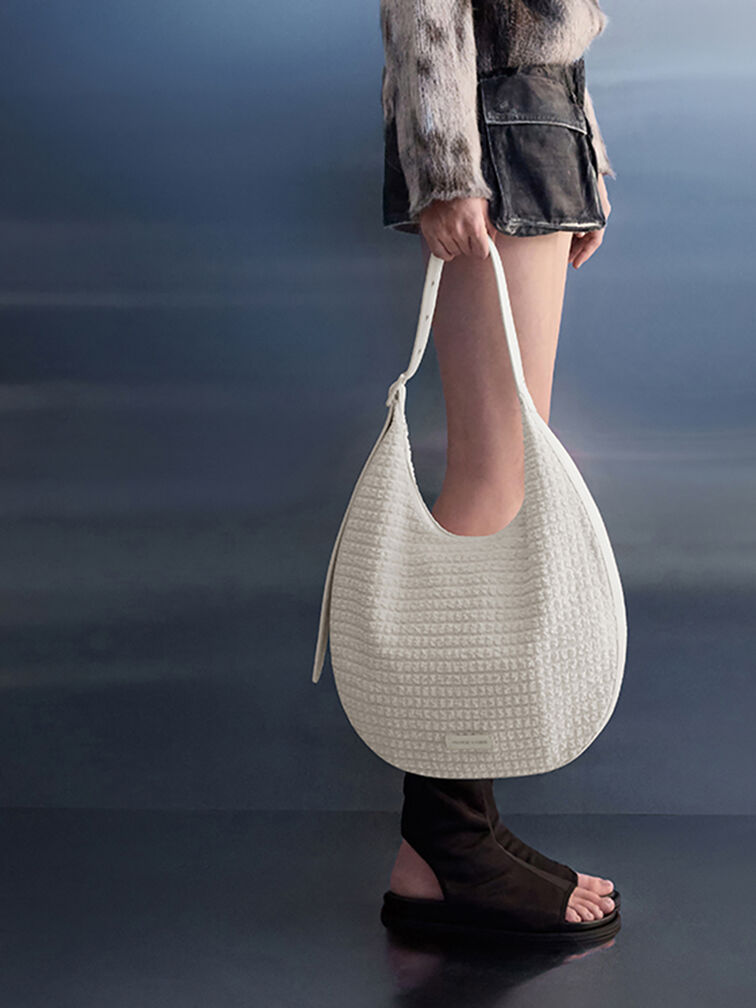 Textured Crescent Hobo Bag, Frosted White, hi-res