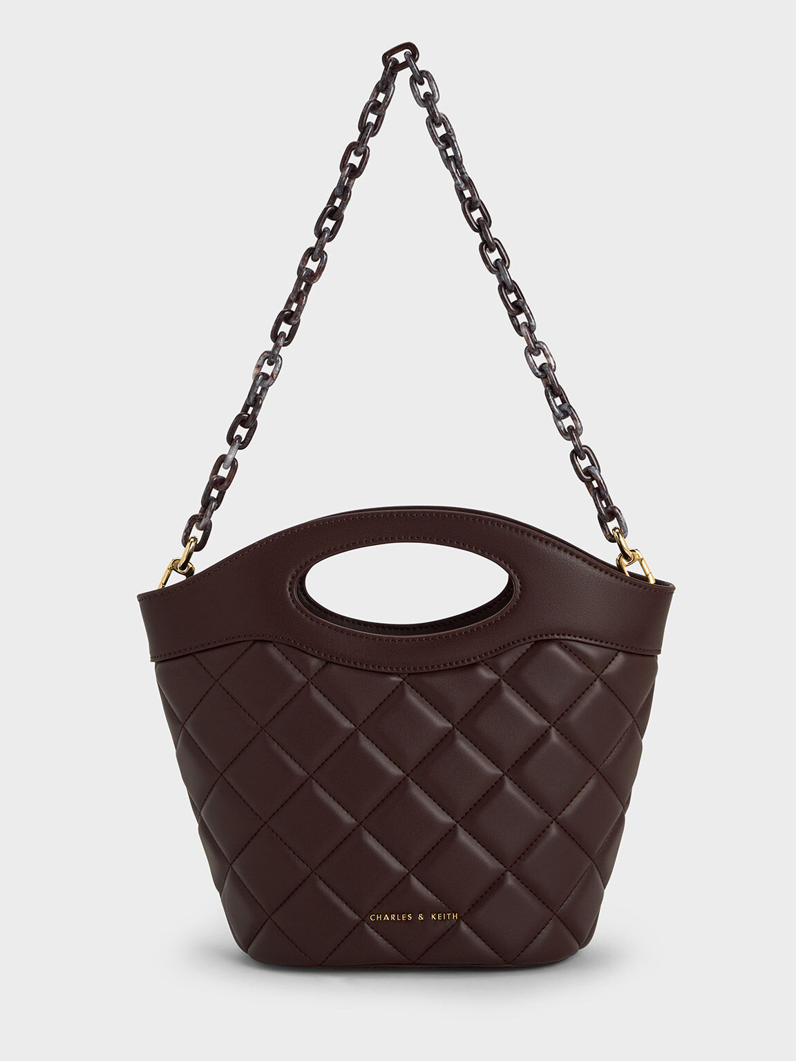 Quilted Chain-Link Curved-Handle Bucket Bag - Plum