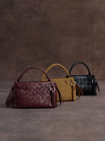 Ivette Woven Top Handle Bag, Wineberry Red, hi-res