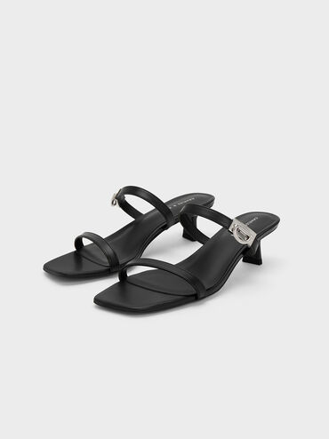 Metallic Accent Double Strap Mules, Black, hi-res