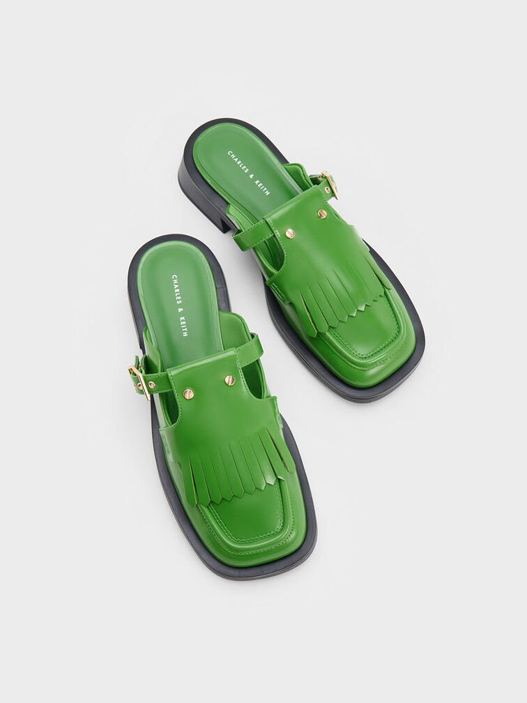 Studded Cut-Out Fringe Mules, Green, hi-res