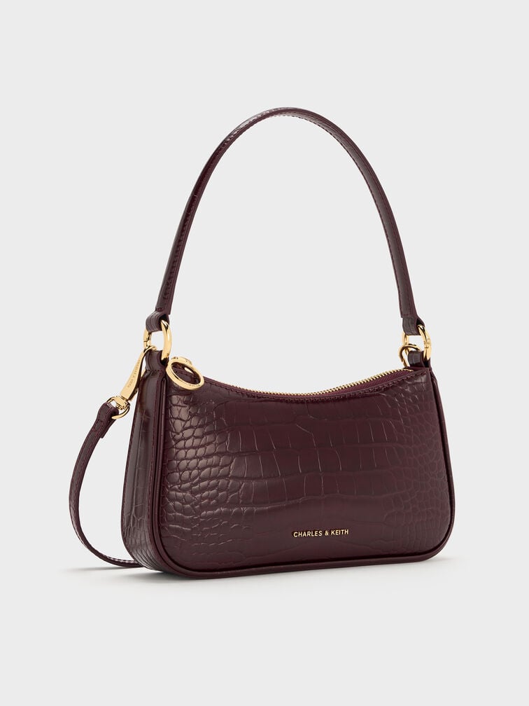 Elspeth Croc-Effect Chain-Link Shoulder Bag, Maroon Red Croco, hi-res