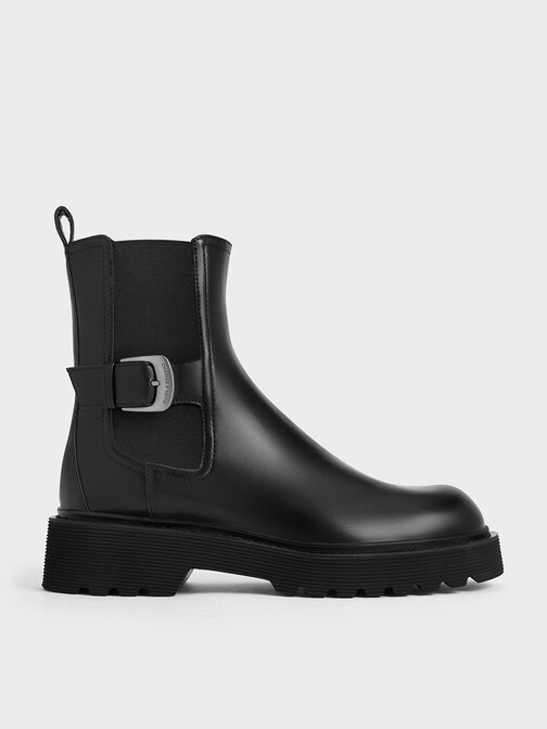 Side-Buckle Ridged-Sole Chelsea Boots, Black, hi-res