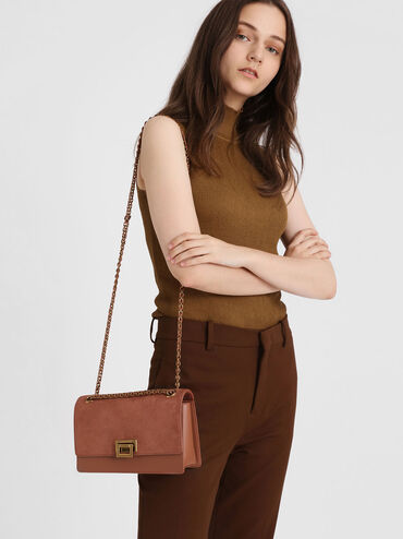 Textured Chain Link Shoulder Bag, Cognac, hi-res