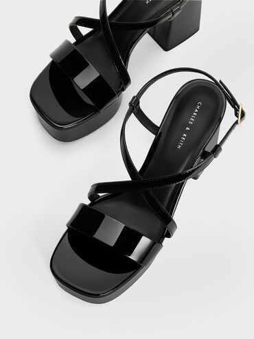 Patent Crossover Strap Platform Sandals, Black Patent, hi-res