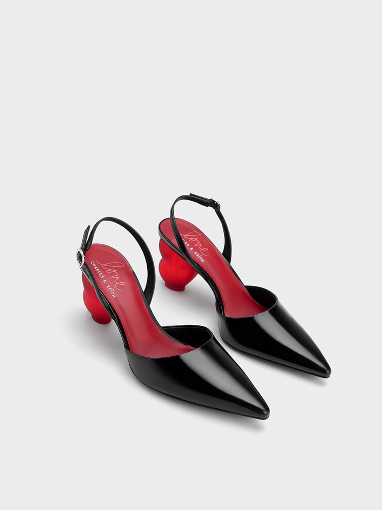 Heart Heel Slingback Pumps, Black, hi-res