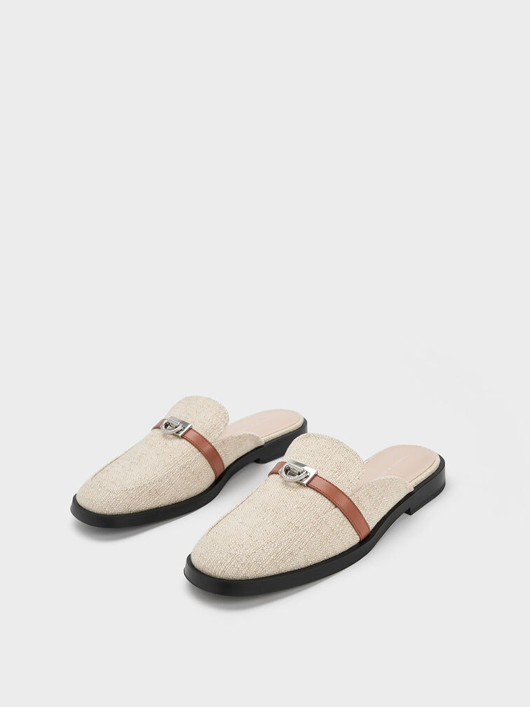 Metallic Accent Linen Loafer Mules, Beige, hi-res