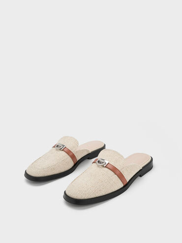 Metallic Accent Linen Loafer Mules, Beige, hi-res