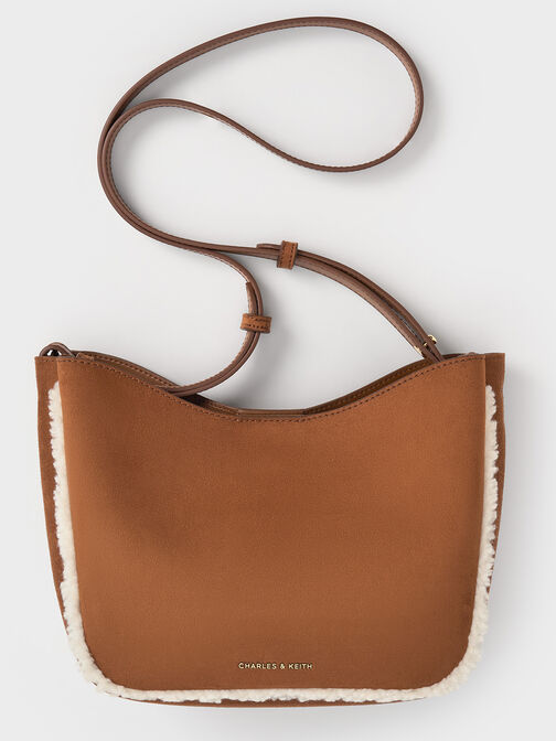 Robyn Faux Suede Fur-Trim Chain-Handle Bag, Brown, hi-res