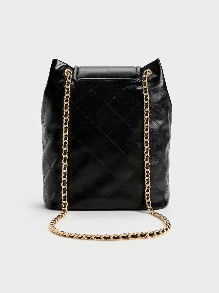 Apfra Quilted Front-Flap Bucket Bag, Black, hi-res