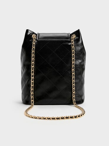 Apfra Quilted Front-Flap Bucket Bag, Black, hi-res