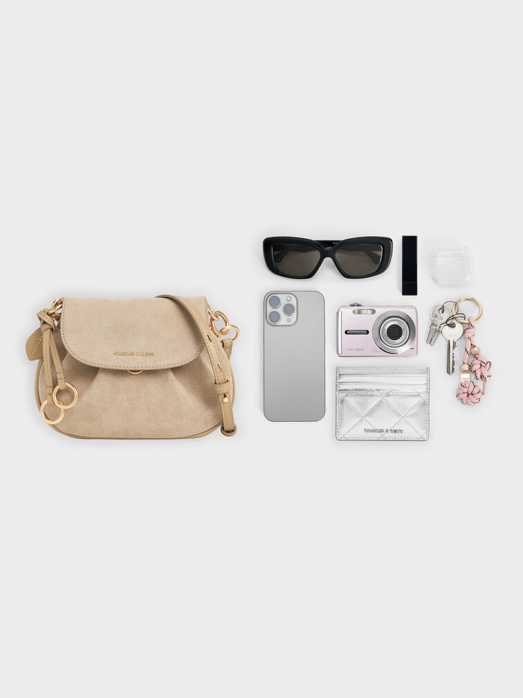 Britton Recycled Suede Ruched Saddle Bag, Nutmeg Beige, hi-res