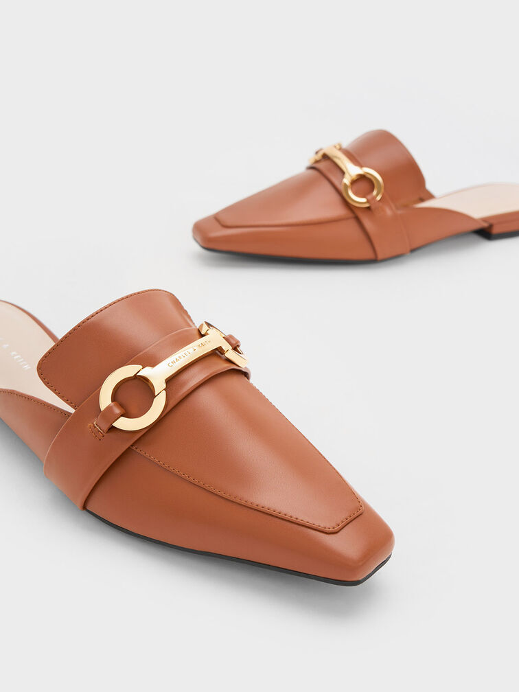 Metallic Accent Tapered Flat Mules, Cognac, hi-res