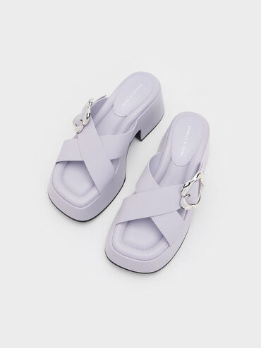 Flower-Buckle Crossover Platform Mules, Lilac, hi-res