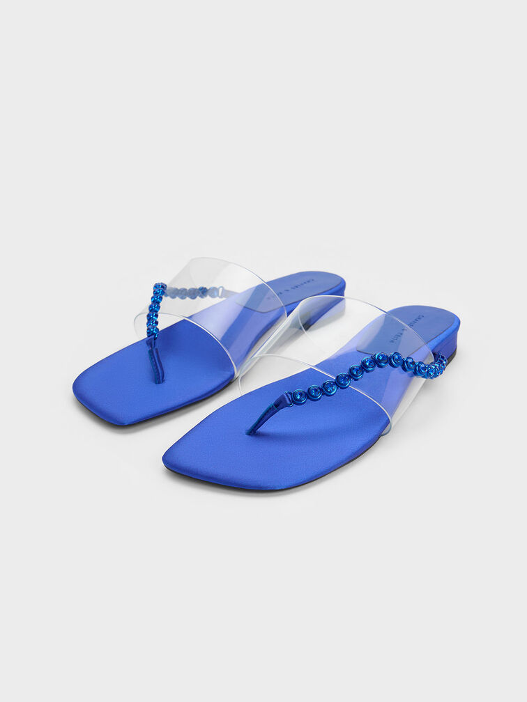 Recycled Polyester Gem-Strap Thong Sandals, Blue, hi-res