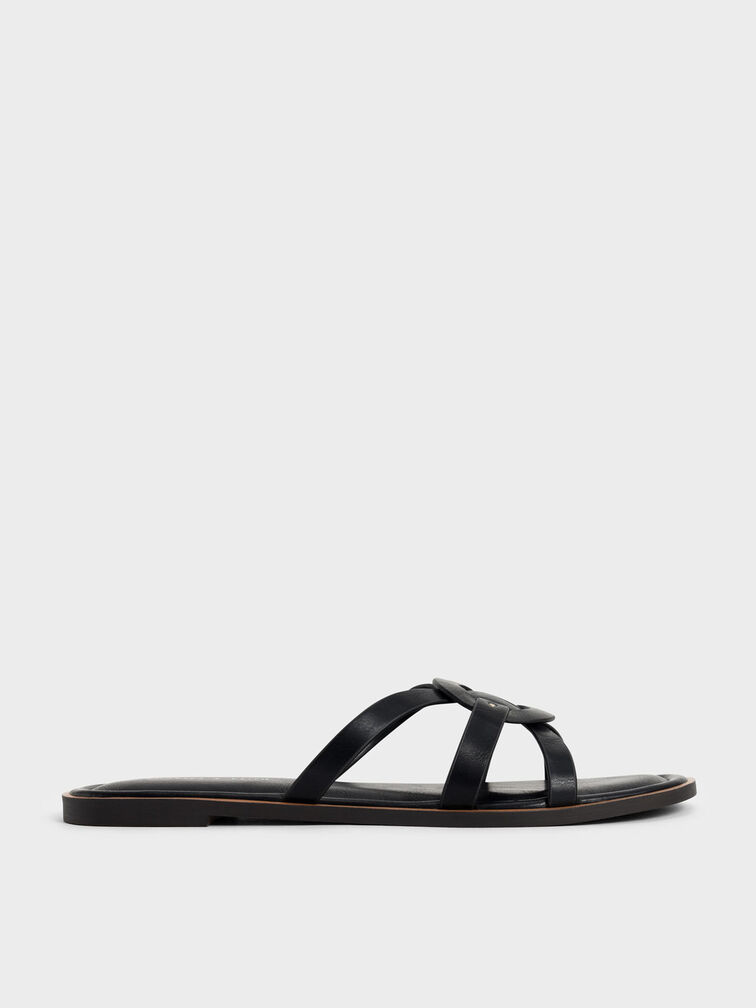 Ring Detail Strappy Flats, Black, hi-res