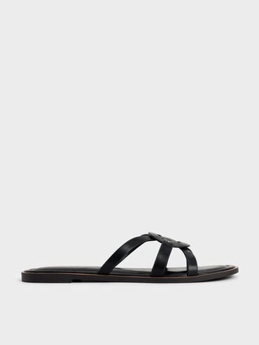Ring Detail Strappy Flats, Black, hi-res