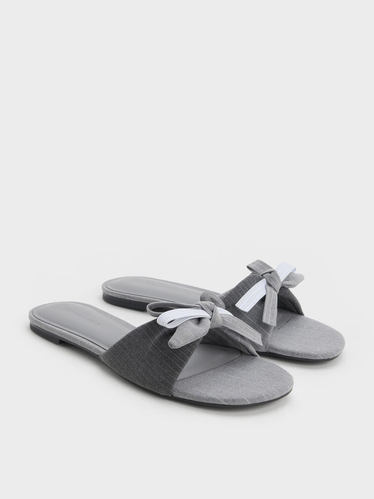 Striped Knot-Bow Slide Sandals, Grey, hi-res