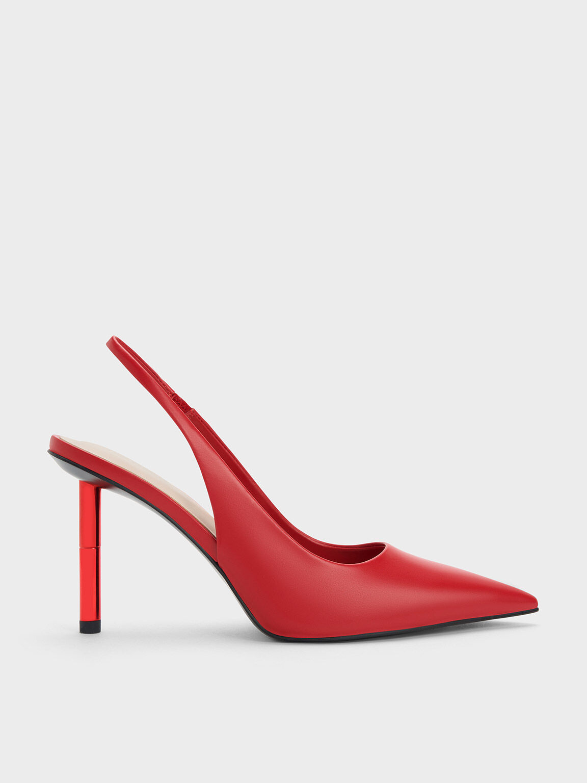 Cylindrical Metallic Heel Slingback Pumps, Red, hi-res
