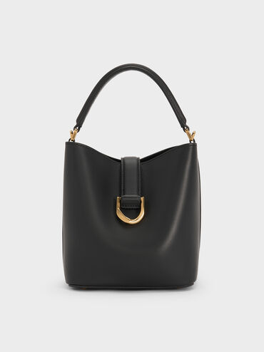 Gabine Leather Belted Top-Handle Bucket Bag, Black, hi-res