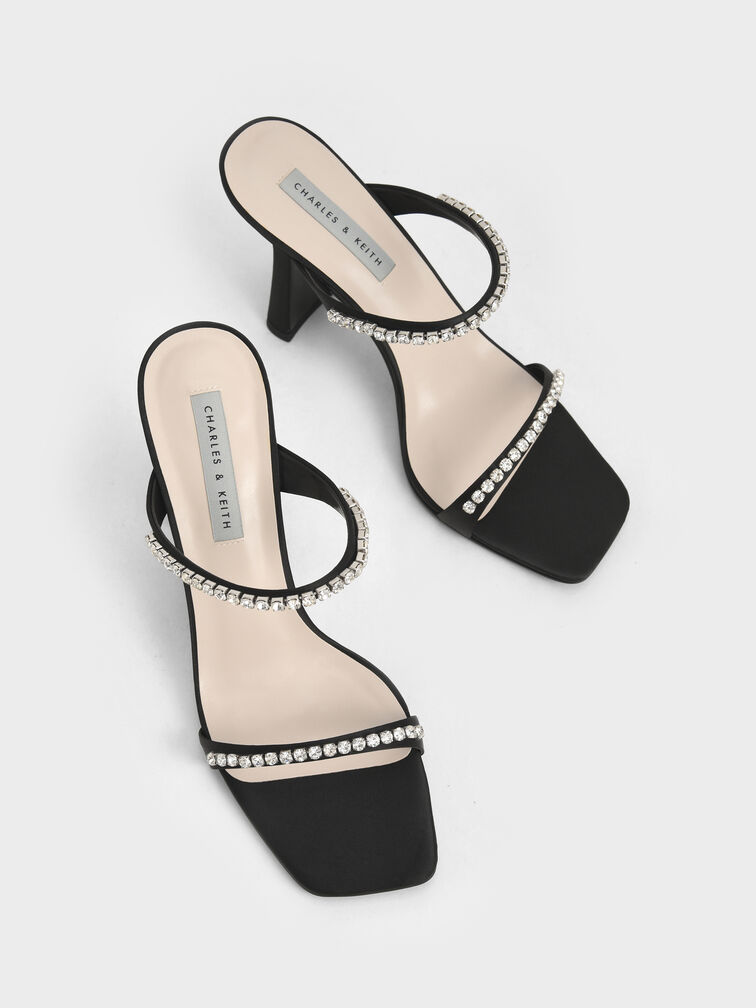 Satin Gem-Encrusted Heeled Sandals, Black, hi-res