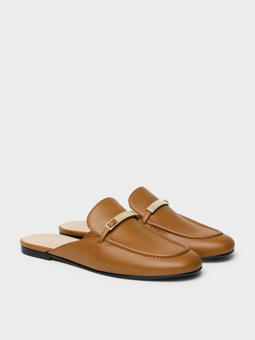Metallic-Bar Loafer Mules, Cognac, hi-res