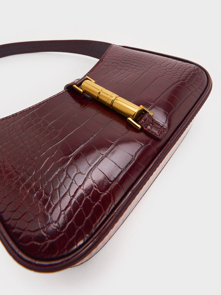 Cesia Croc-Effect Metallic-Accent Shoulder Bag, Burgundy, hi-res