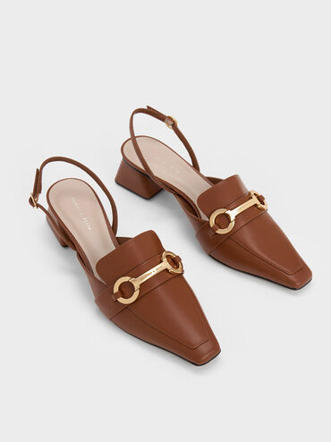 Metallic Bar Slingback Pumps, Cognac, hi-res