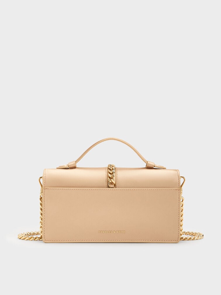 Taisia Satin Chain-Strap Envelope Bag, Champagne, hi-res
