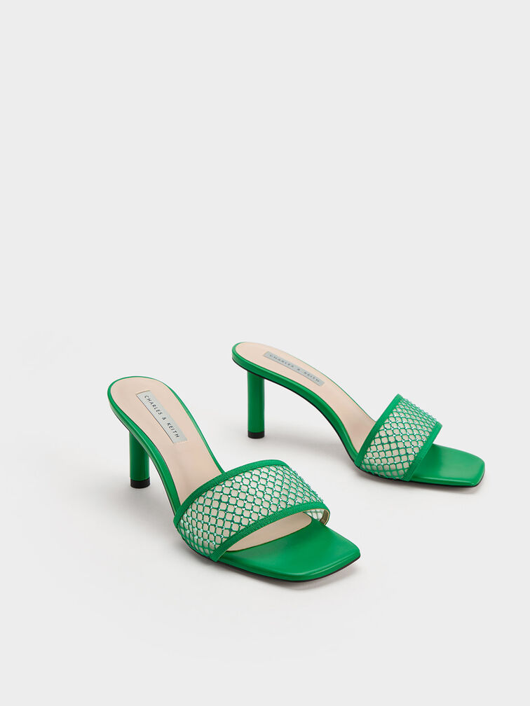 Gem-Encrusted Cylindrical Heel Mesh Sandals, Green, hi-res