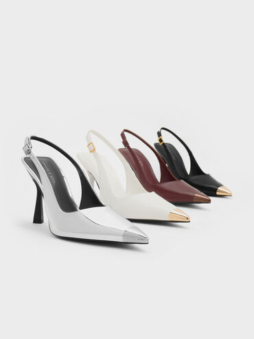 Metallic Cap Pointed-Toe Slingback Pumps, White, hi-res