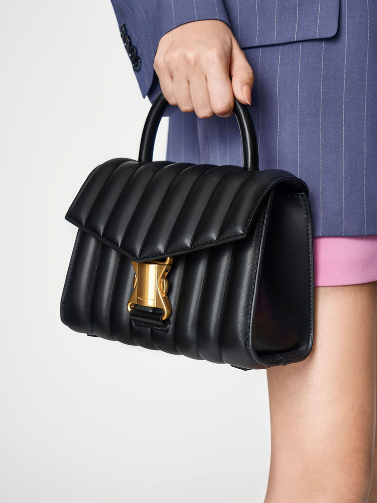 Ivy Metallic Buckle Bag, Black, hi-res