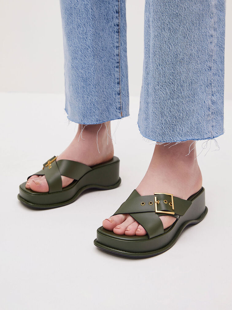 Buckled Crossover Curved Platform Sandals, Olive, hi-res