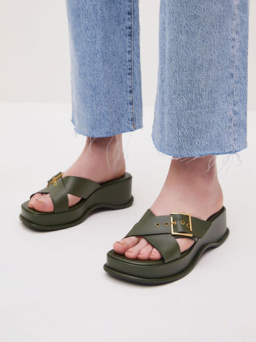 Buckled Crossover Curved Platform Sandals, Olive, hi-res