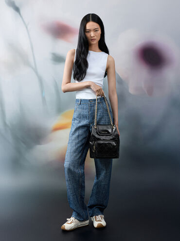 Apfra Quilted Front-Flap Bucket Bag, Black, hi-res