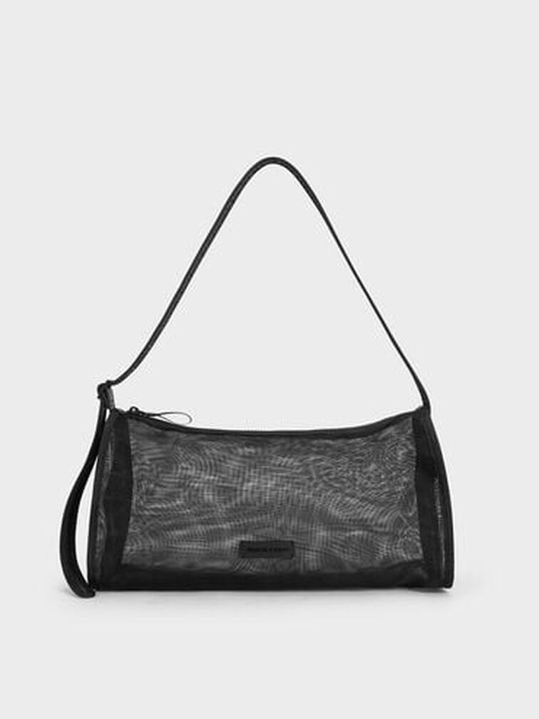 Mesh Elongated Shoulder Bag, Jet Black, hi-res