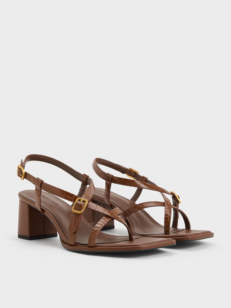 Croc-Effect Strappy Block-Heel Thong Sandals, Animal Print Brown, hi-res