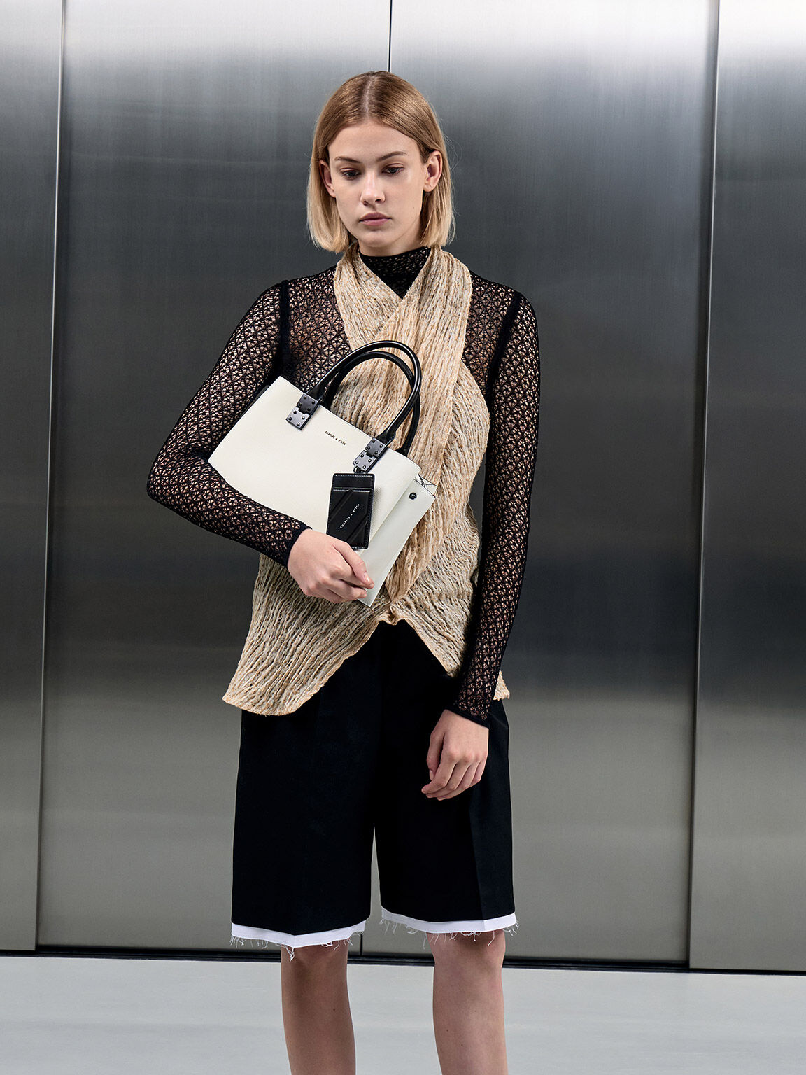 White Double Top Handle Structured Bag CHARLES KEITH IN