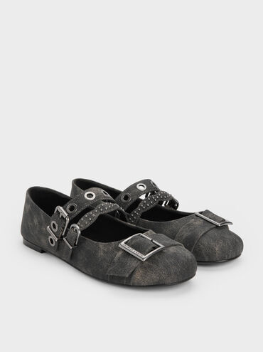 Aether Grommet Studded Mary Jane Flats, Dark Grey, hi-res