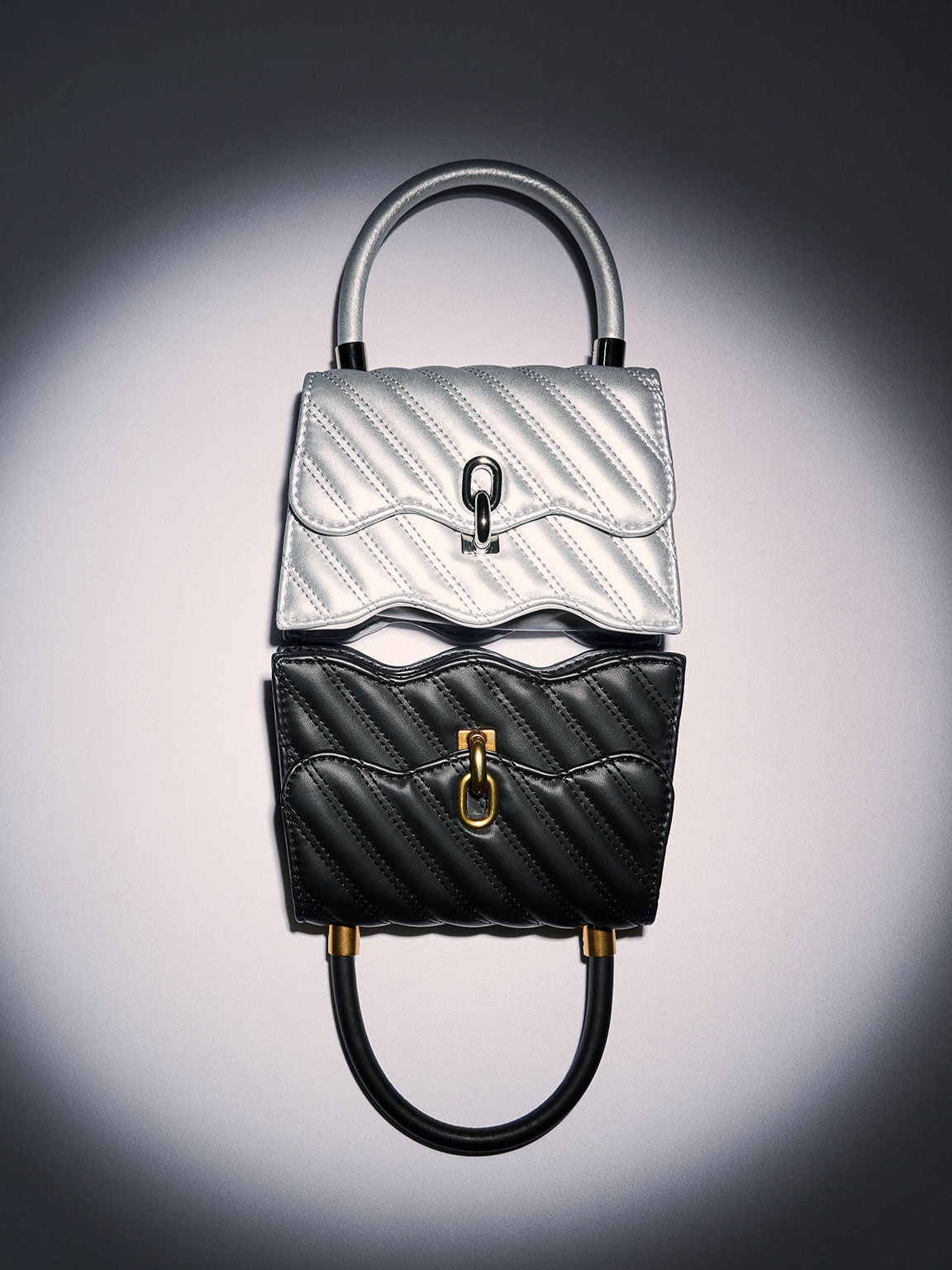 Freja Wavy Quilted Top Handle Bag, Black, hi-res